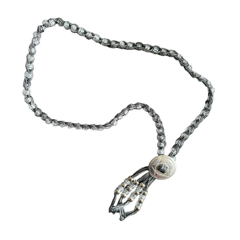 Vintage Western Bolo Tie Black Silver Cord Silver Tone Concho Beaded Necklace